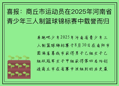 喜报：商丘市运动员在2025年河南省青少年三人制篮球锦标赛中载誉而归